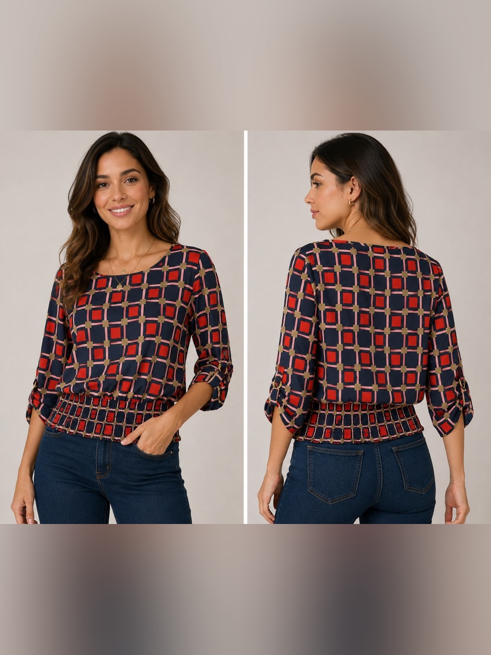 Michael Kors Geometric Print Smocked Blouse XS Navy Red Pink 3/4 Sleeve